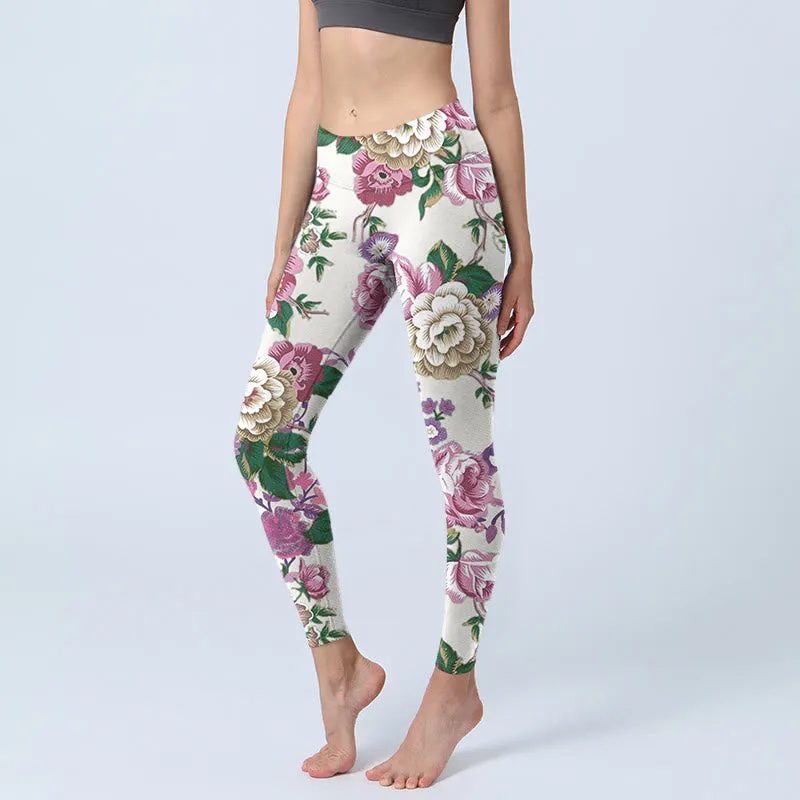 Buddha Stones Red White Peony Flower Print Sports Leggings Women's Yoga Pants