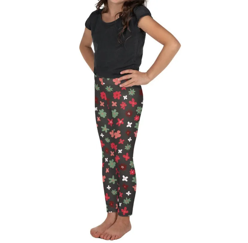 Charcoal, Sage & Pink Flower Power Kid's Leggings (2T-7)
