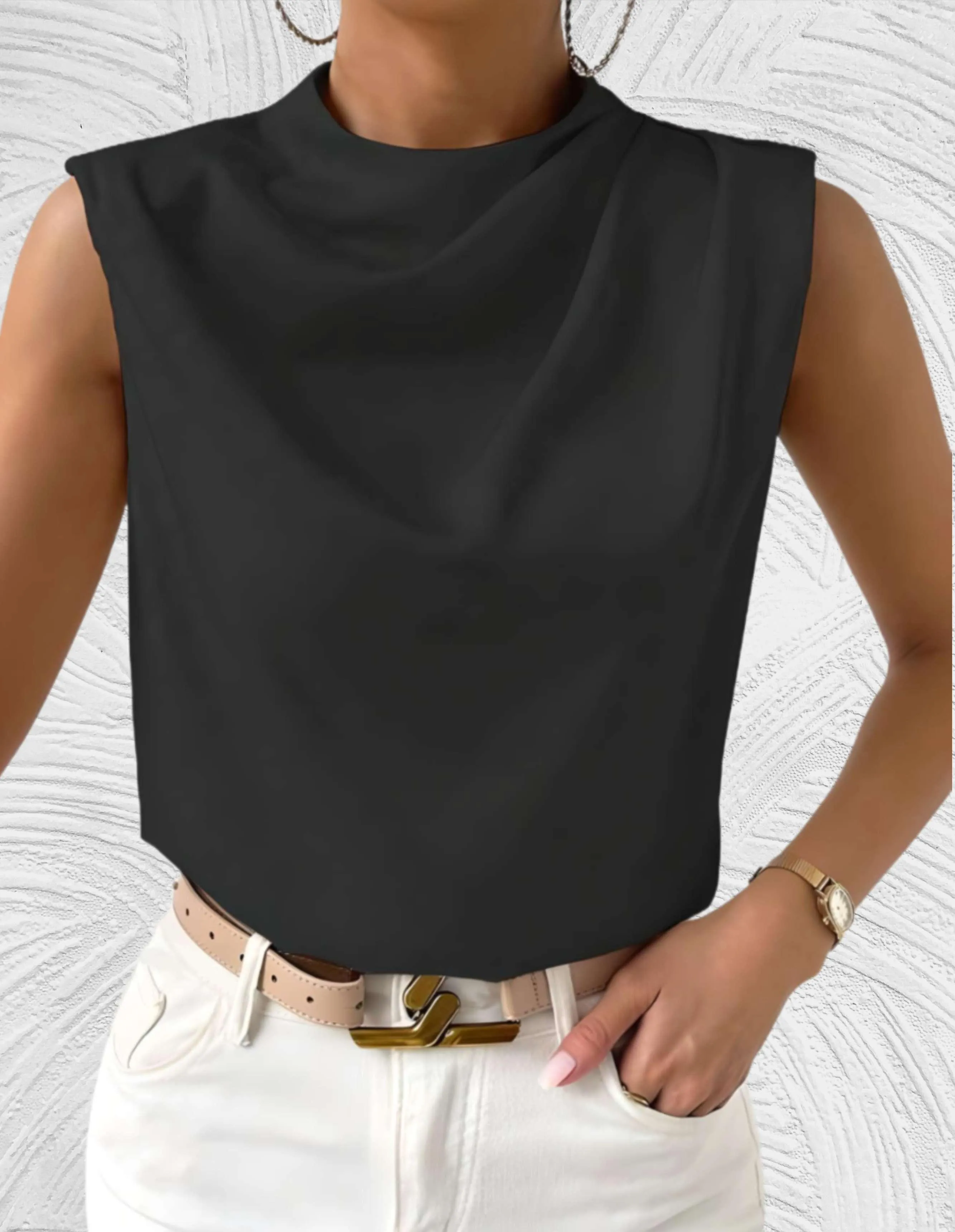 Chic Sleeveless Top | Round Neck with Pleated Design