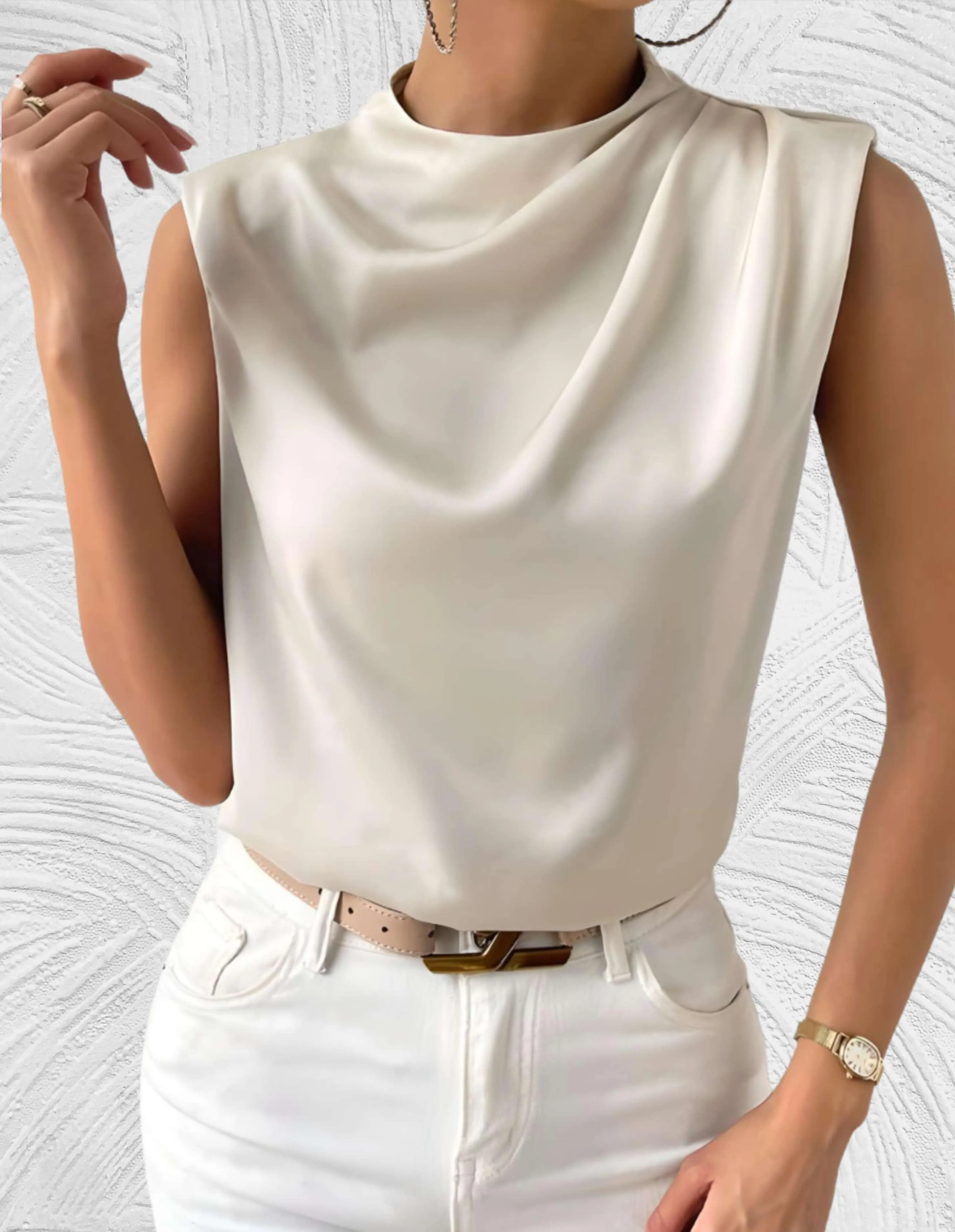 Chic Sleeveless Top | Round Neck with Pleated Design