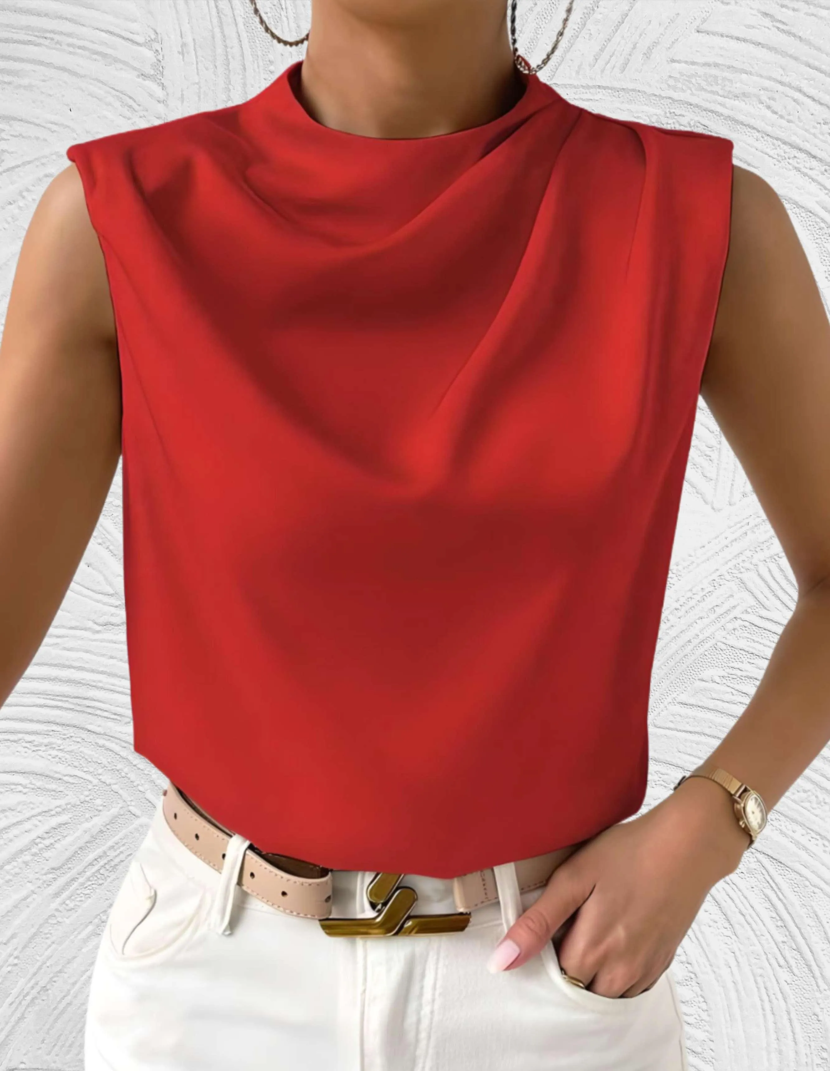 Chic Sleeveless Top | Round Neck with Pleated Design