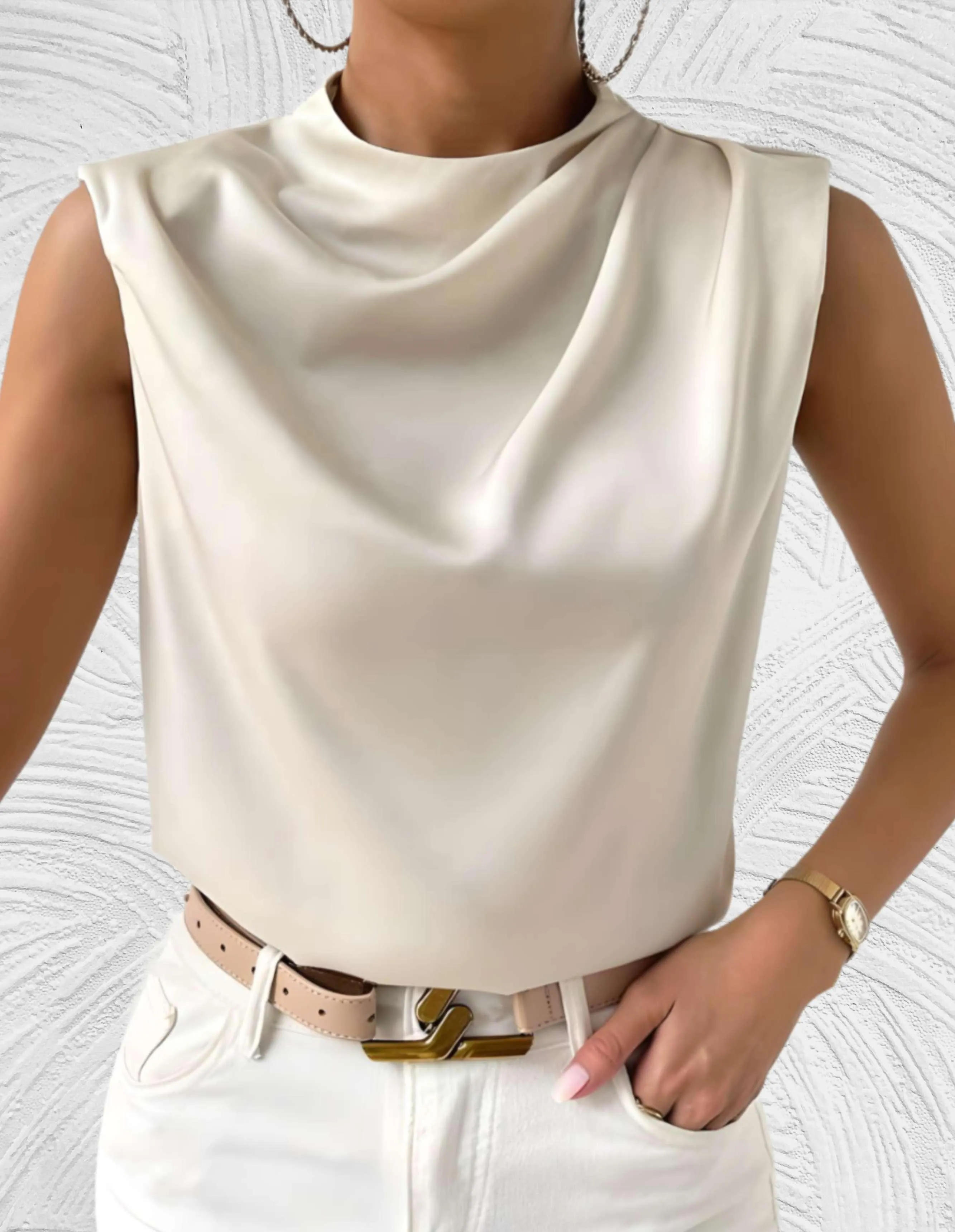 Chic Sleeveless Top | Round Neck with Pleated Design