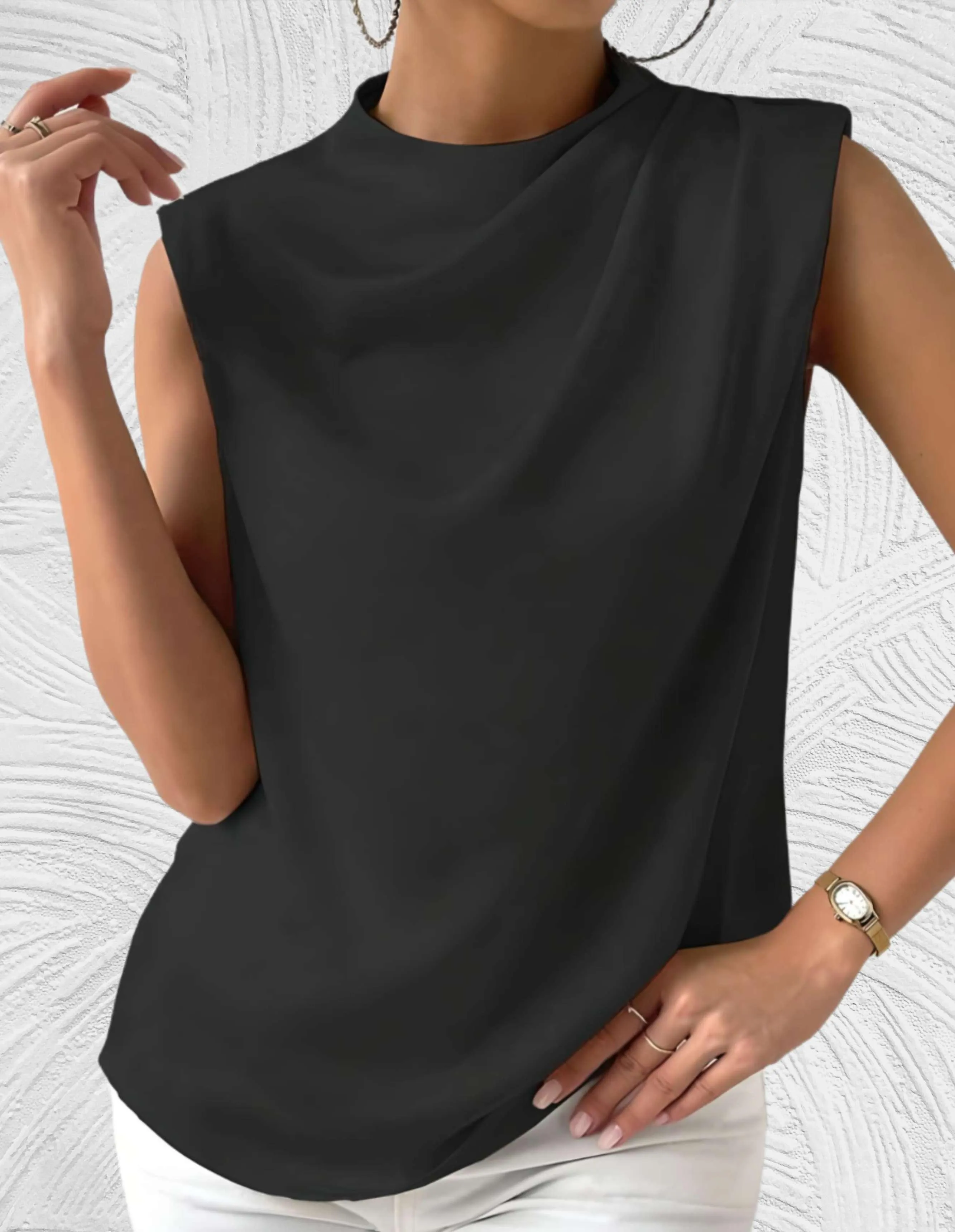 Chic Sleeveless Top | Round Neck with Pleated Design