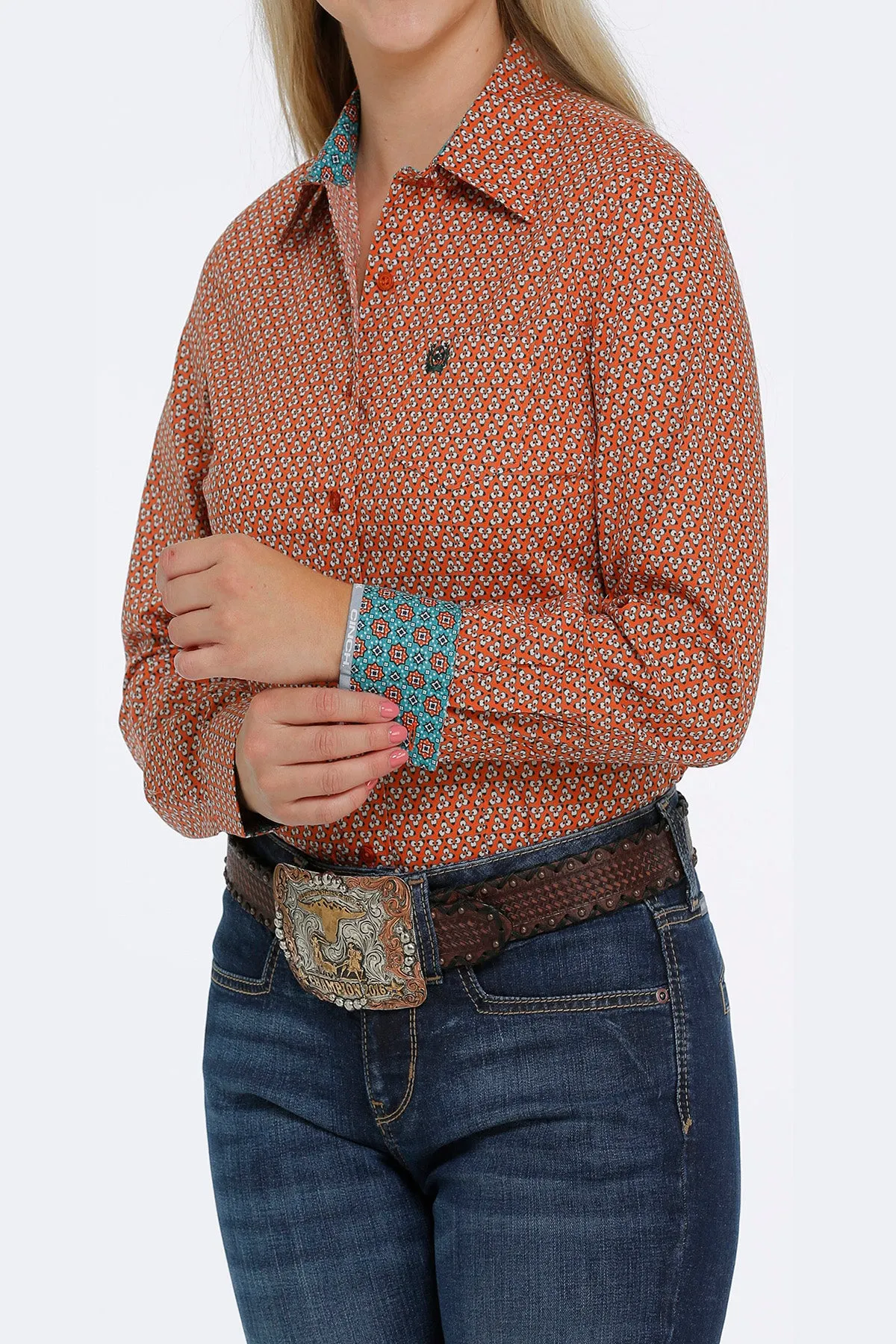 Cinch Women's Orange Geo Print Long Sleeve Western Shirt