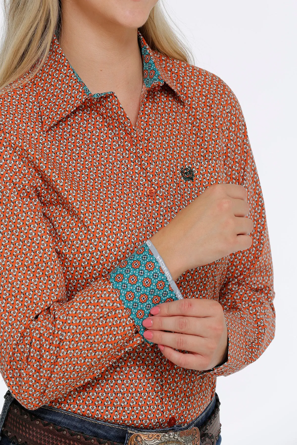 Cinch Women's Orange Geo Print Long Sleeve Western Shirt