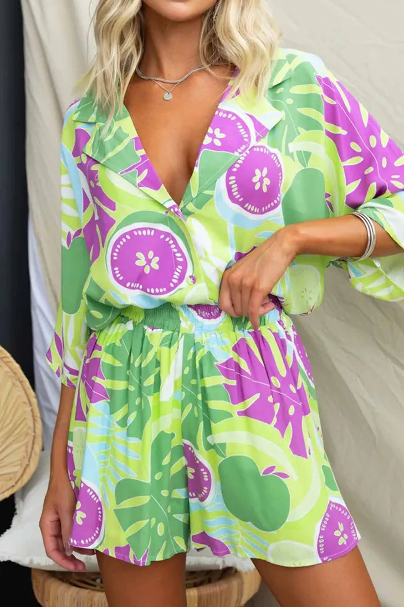 Colorful Printed V Neck Lapel Shorts Set