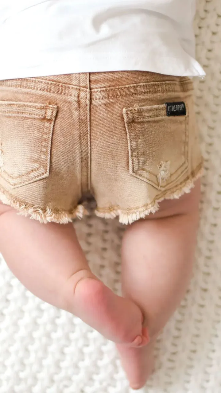 CUT OFF DENIM SHORTIES - CAMEL