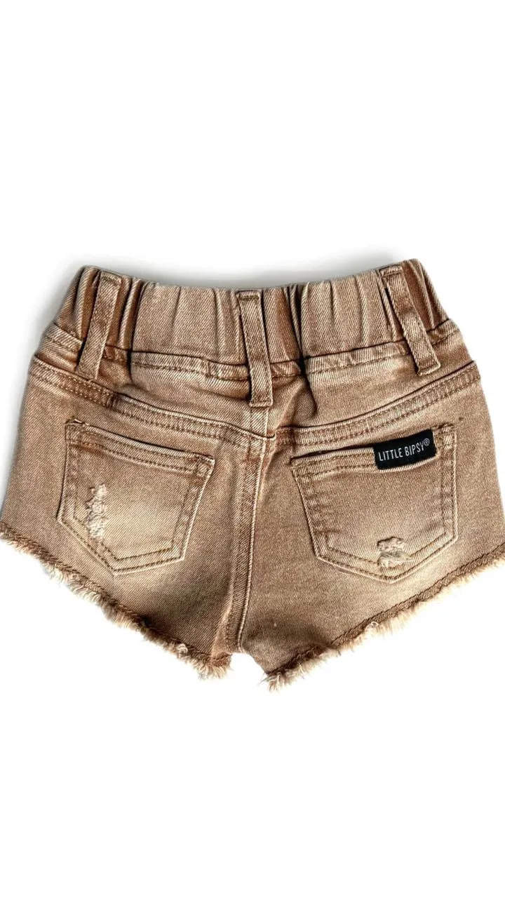 CUT OFF DENIM SHORTIES - CAMEL