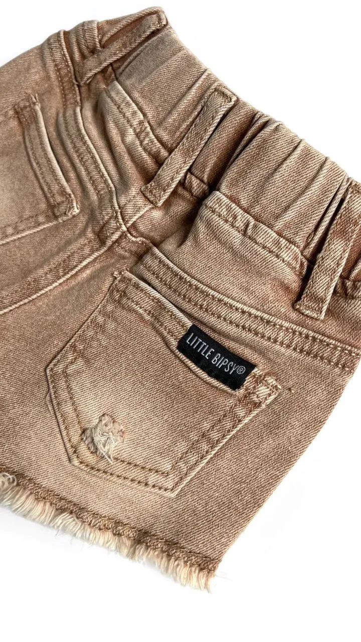 CUT OFF DENIM SHORTIES - CAMEL