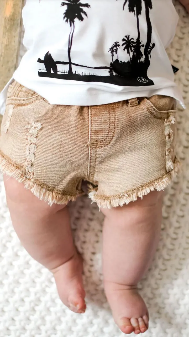 CUT OFF DENIM SHORTIES - CAMEL