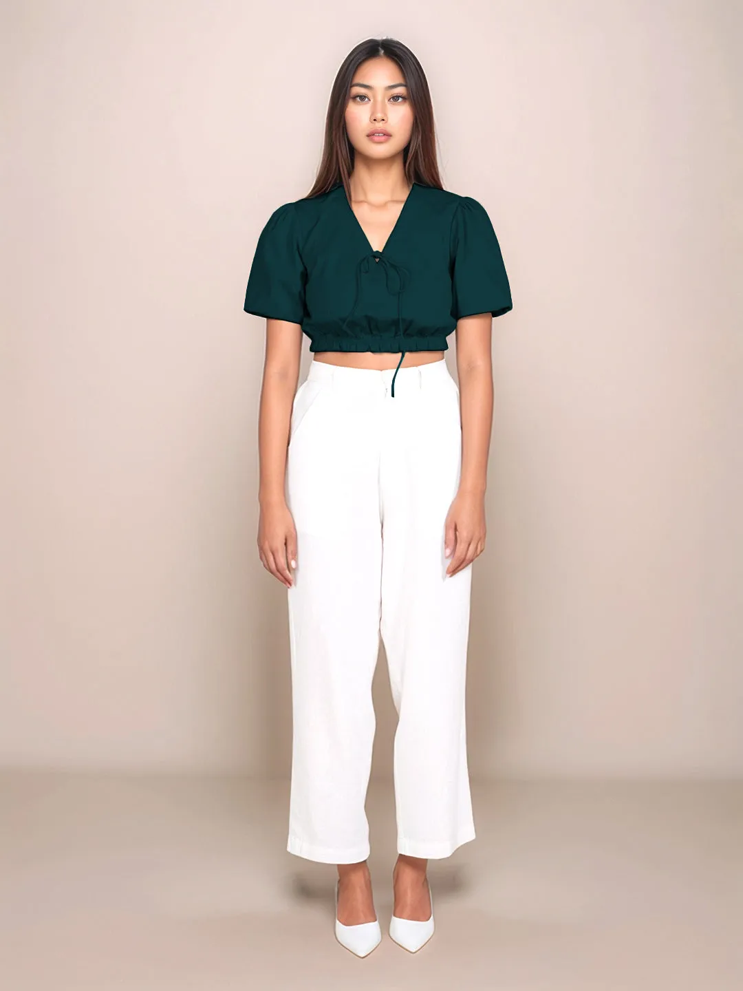 Dark Green Solid Short Sleeves Crop Top