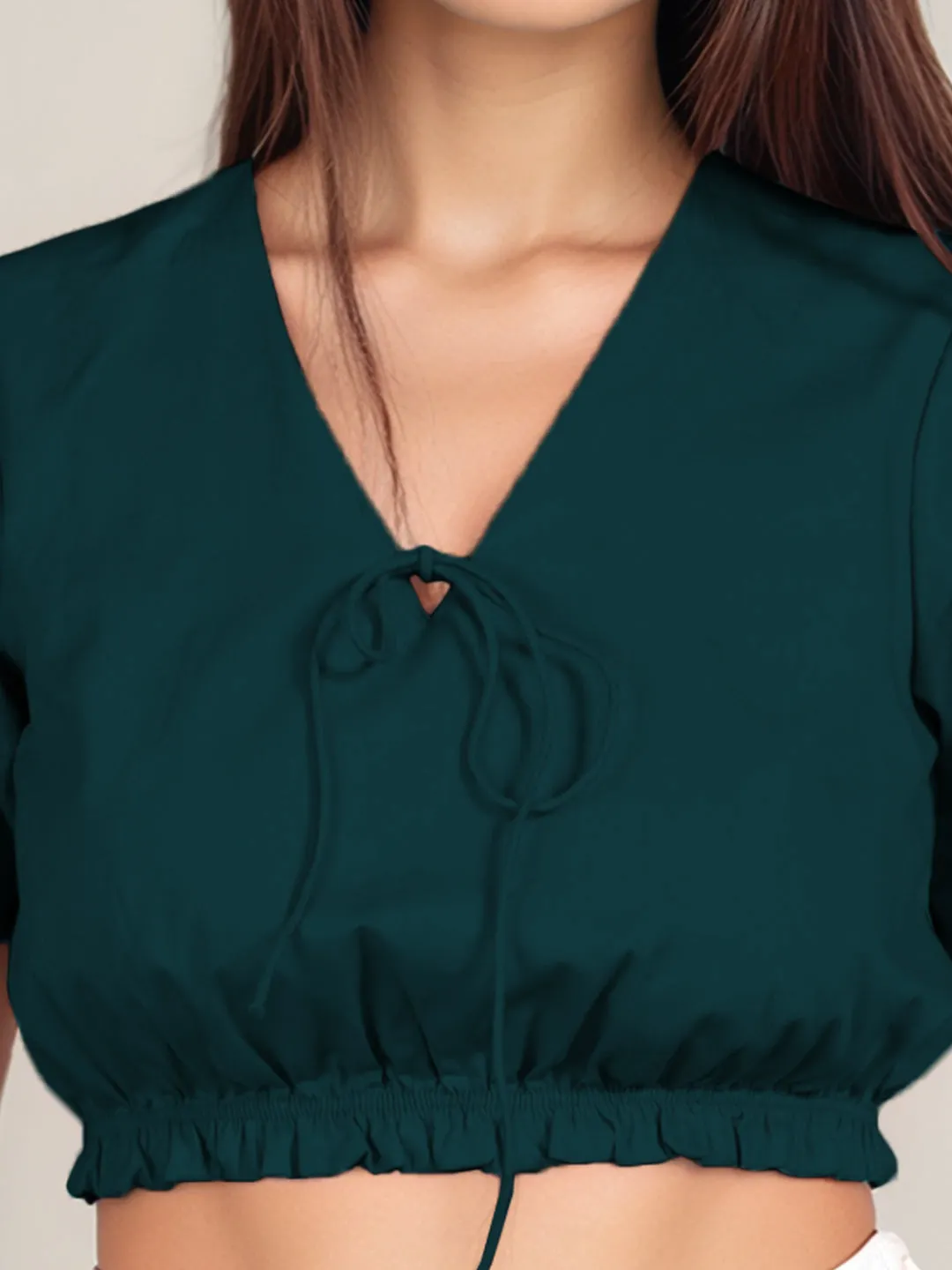 Dark Green Solid Short Sleeves Crop Top