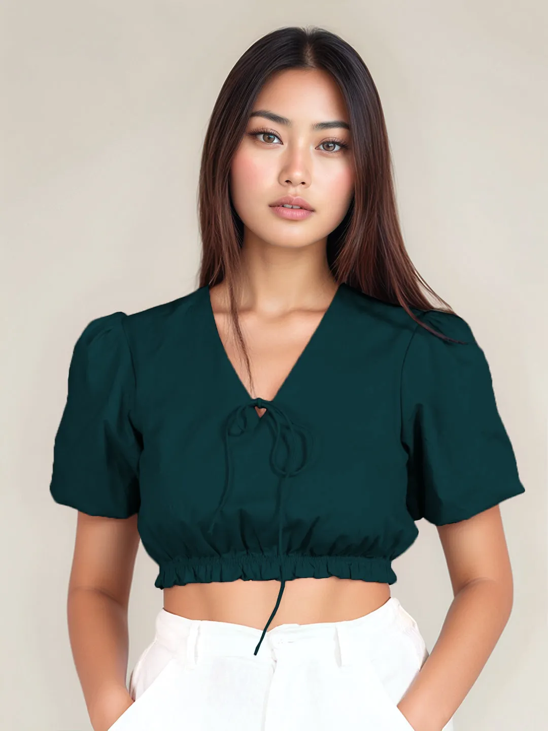 Dark Green Solid Short Sleeves Crop Top