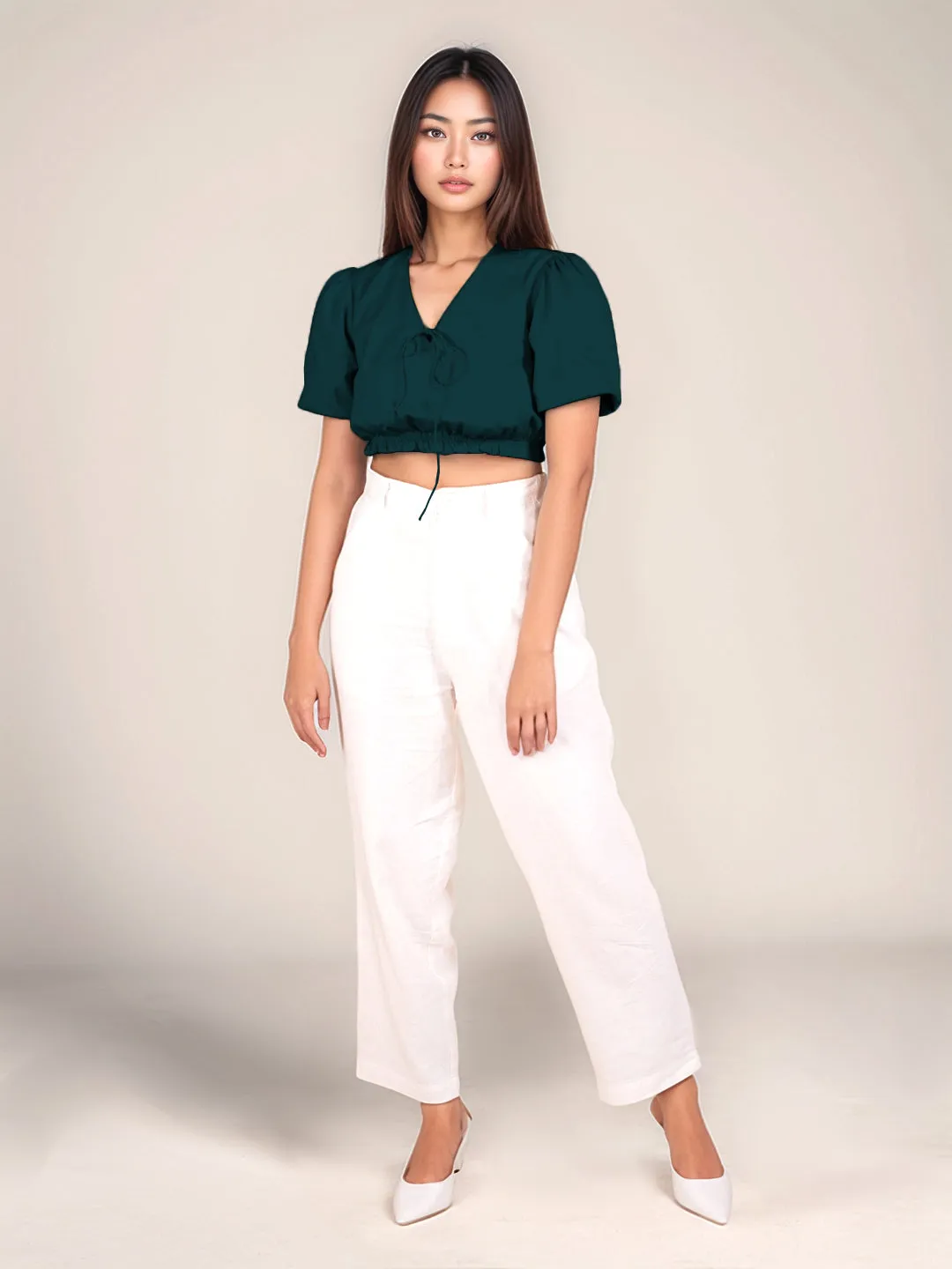 Dark Green Solid Short Sleeves Crop Top