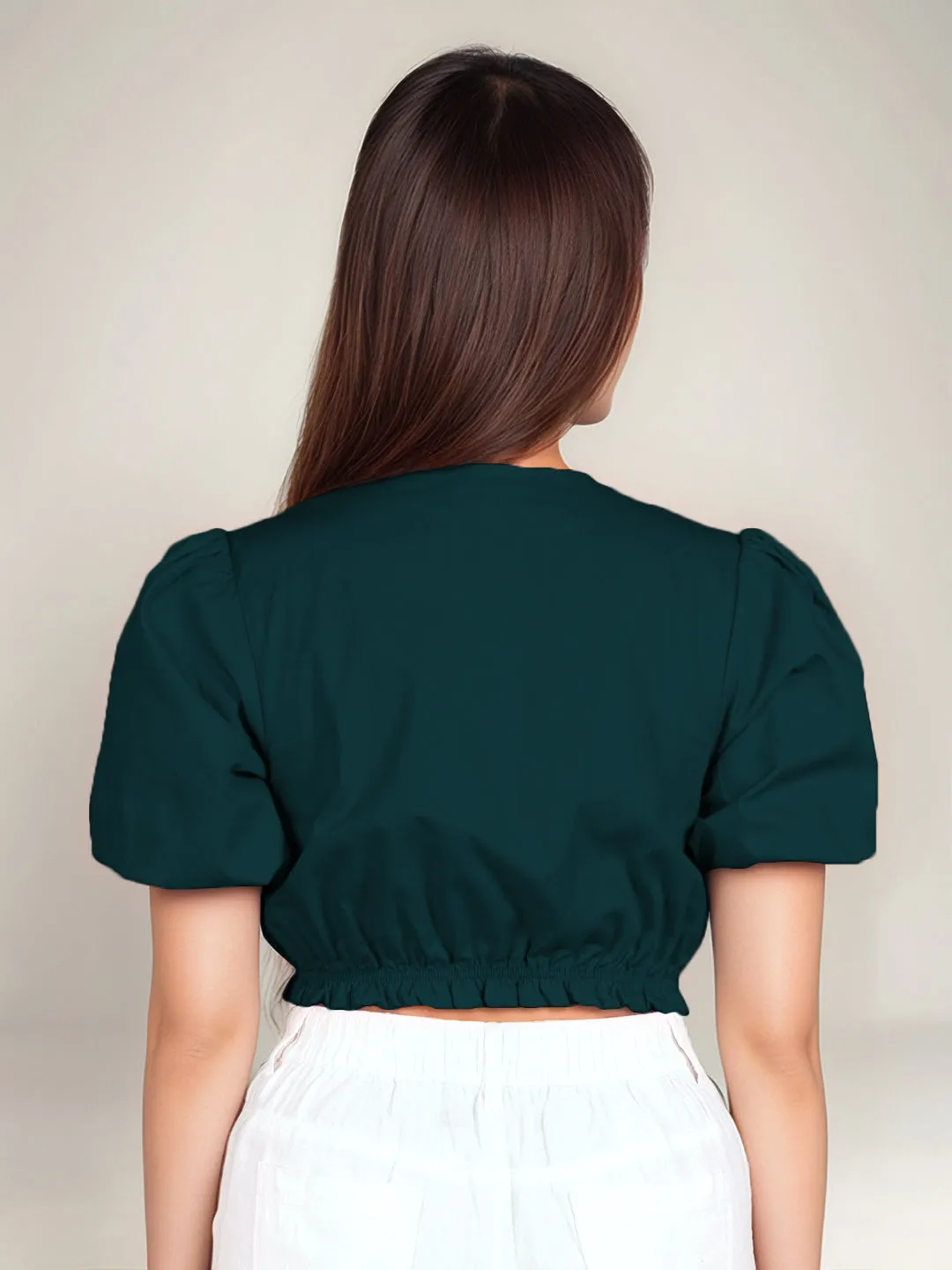 Dark Green Solid Short Sleeves Crop Top