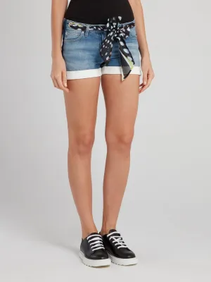 Denim Shorts With Chiffon Belt