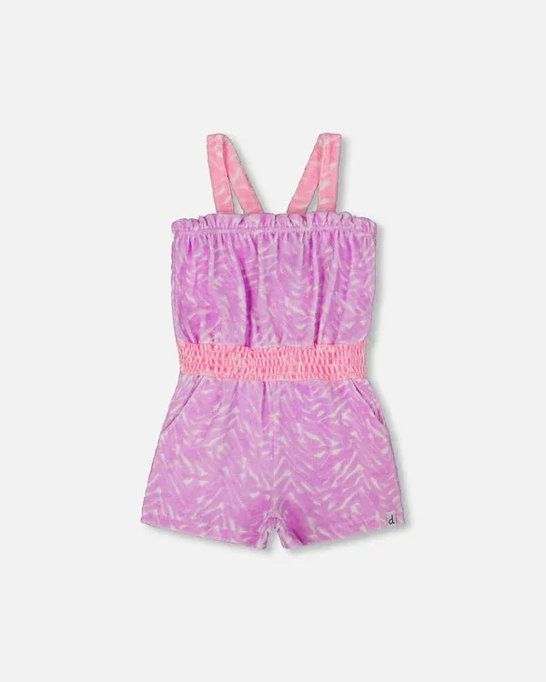 deux par deux Girls Printed Terry Cloth Romper - Vibrant Pink And White