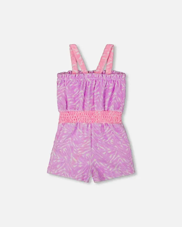 deux par deux Girls Printed Terry Cloth Romper - Vibrant Pink And White