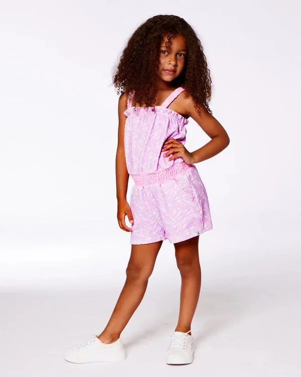 deux par deux Girls Printed Terry Cloth Romper - Vibrant Pink And White