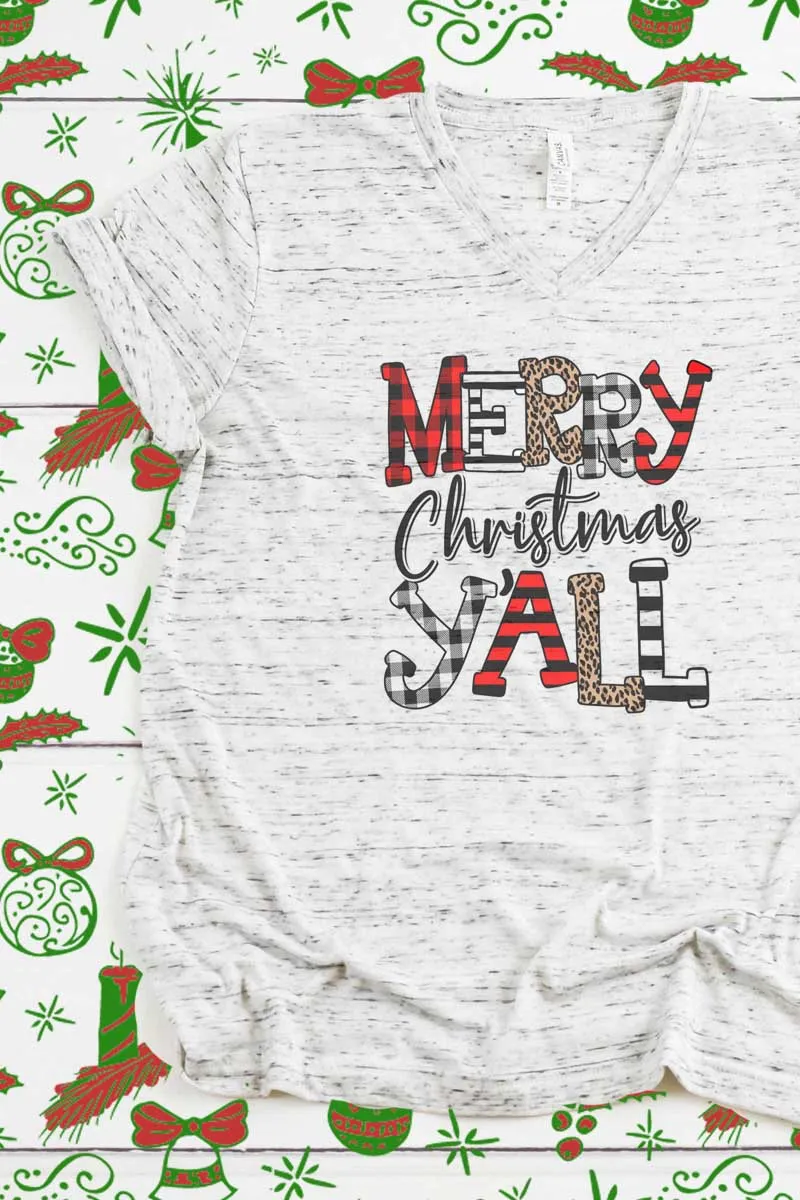 Doodle Merry Christmas Y'all Unisex V-Neck Tee