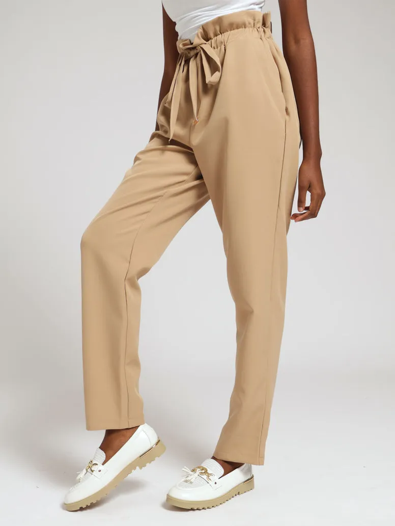 Elasticated Waistband Tie Pants - Caramel