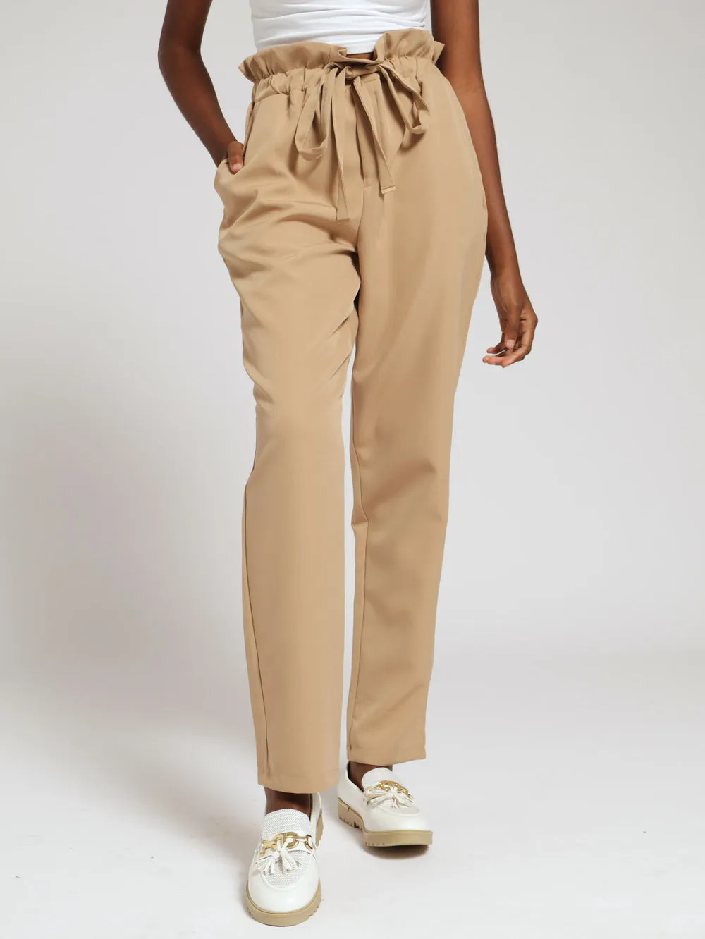 Elasticated Waistband Tie Pants - Caramel
