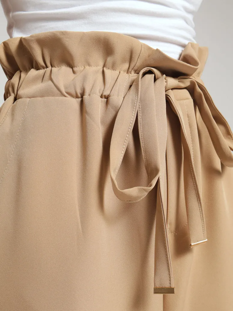 Elasticated Waistband Tie Pants - Caramel