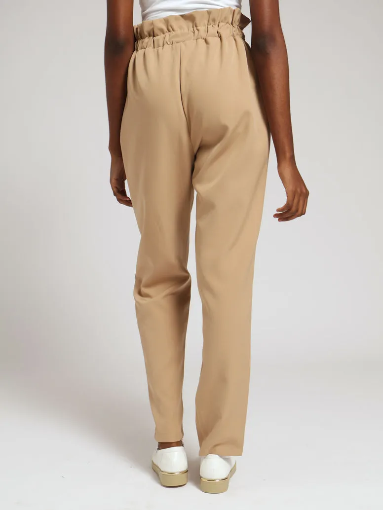 Elasticated Waistband Tie Pants - Caramel