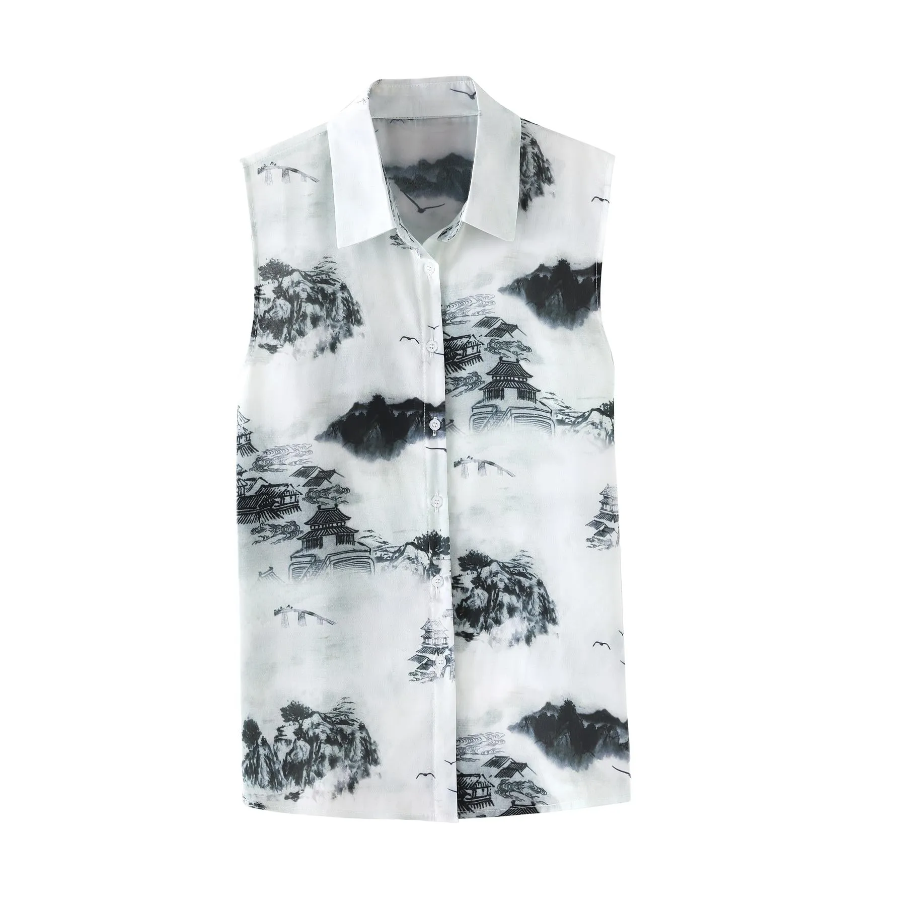 Elegant Watercolor Print Sleeveless Shirt for Women