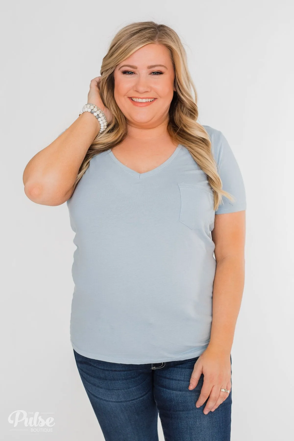 Essential V-Neck Pocket Tee Shirt- Slate Blue