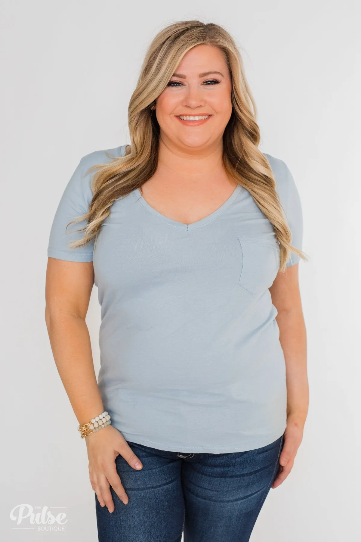 Essential V-Neck Pocket Tee Shirt- Slate Blue