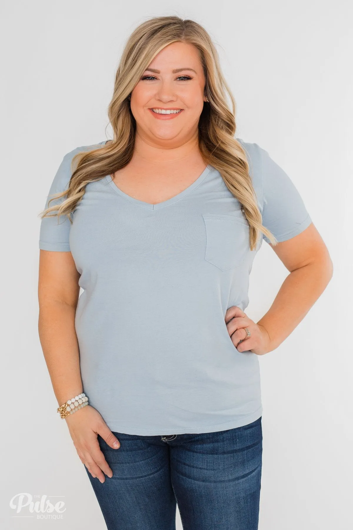 Essential V-Neck Pocket Tee Shirt- Slate Blue