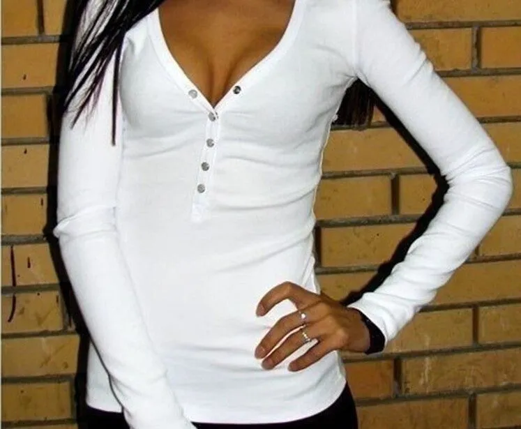 fashion white women plus size V neck women t shirt punk Long sleeve cropped sexy top tees women
