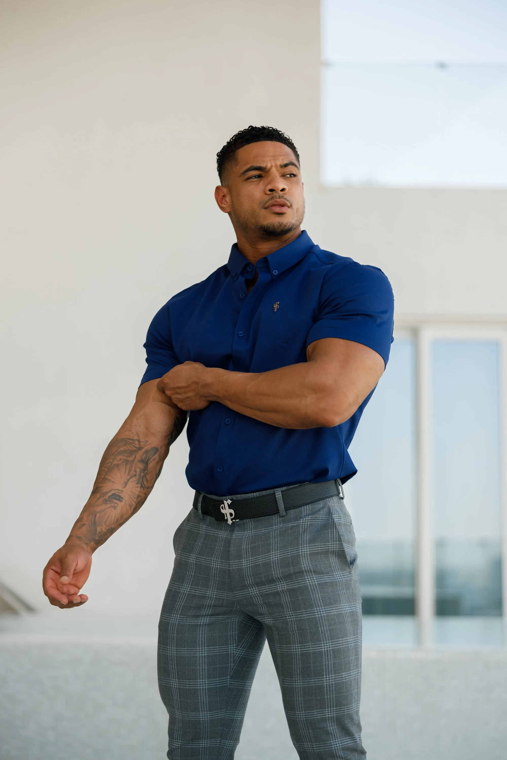 Father Sons Super Slim Stretch Navy Denim Short Sleeve with Metal Decal Emblem - FS637