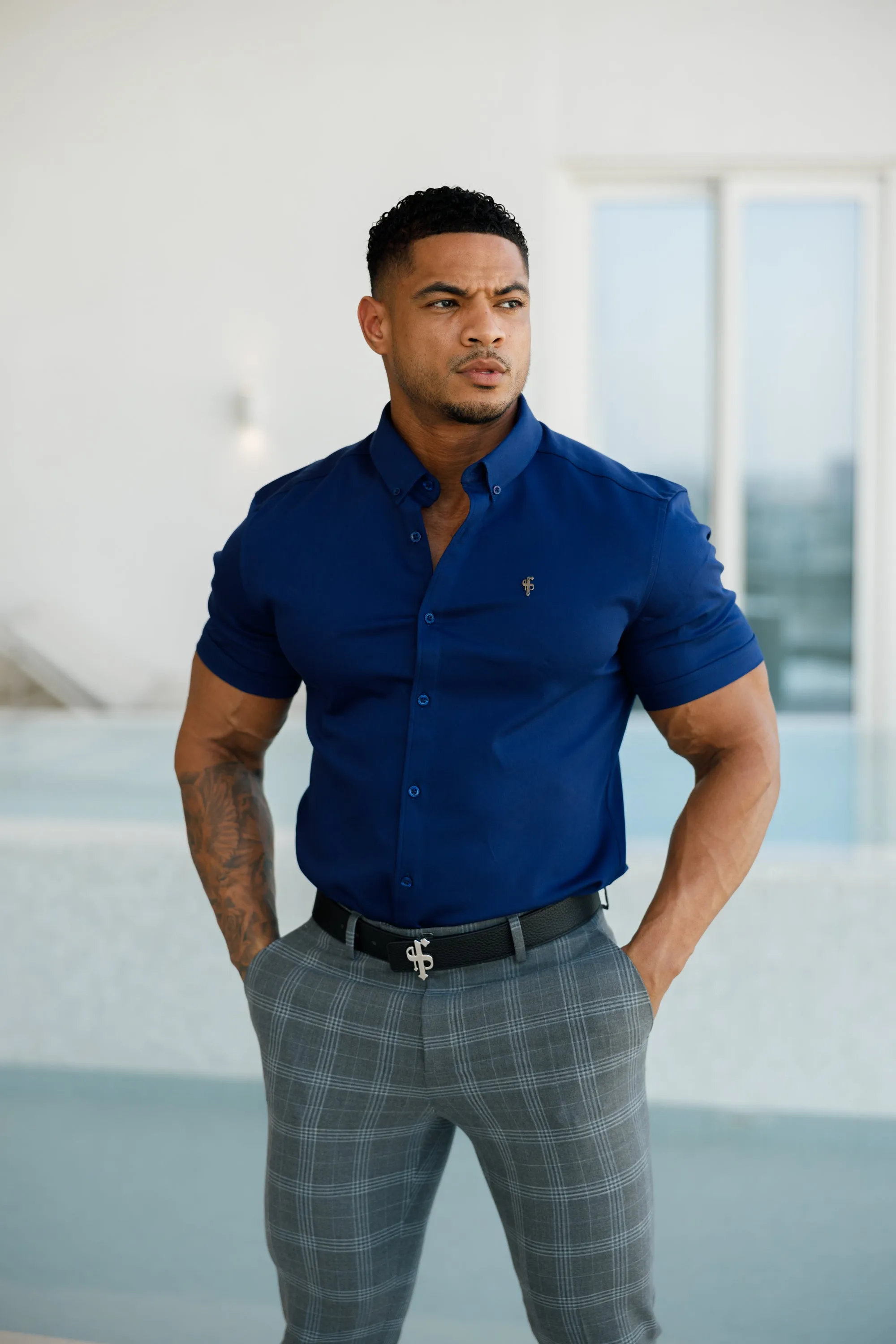 Father Sons Super Slim Stretch Navy Denim Short Sleeve with Metal Decal Emblem - FS637