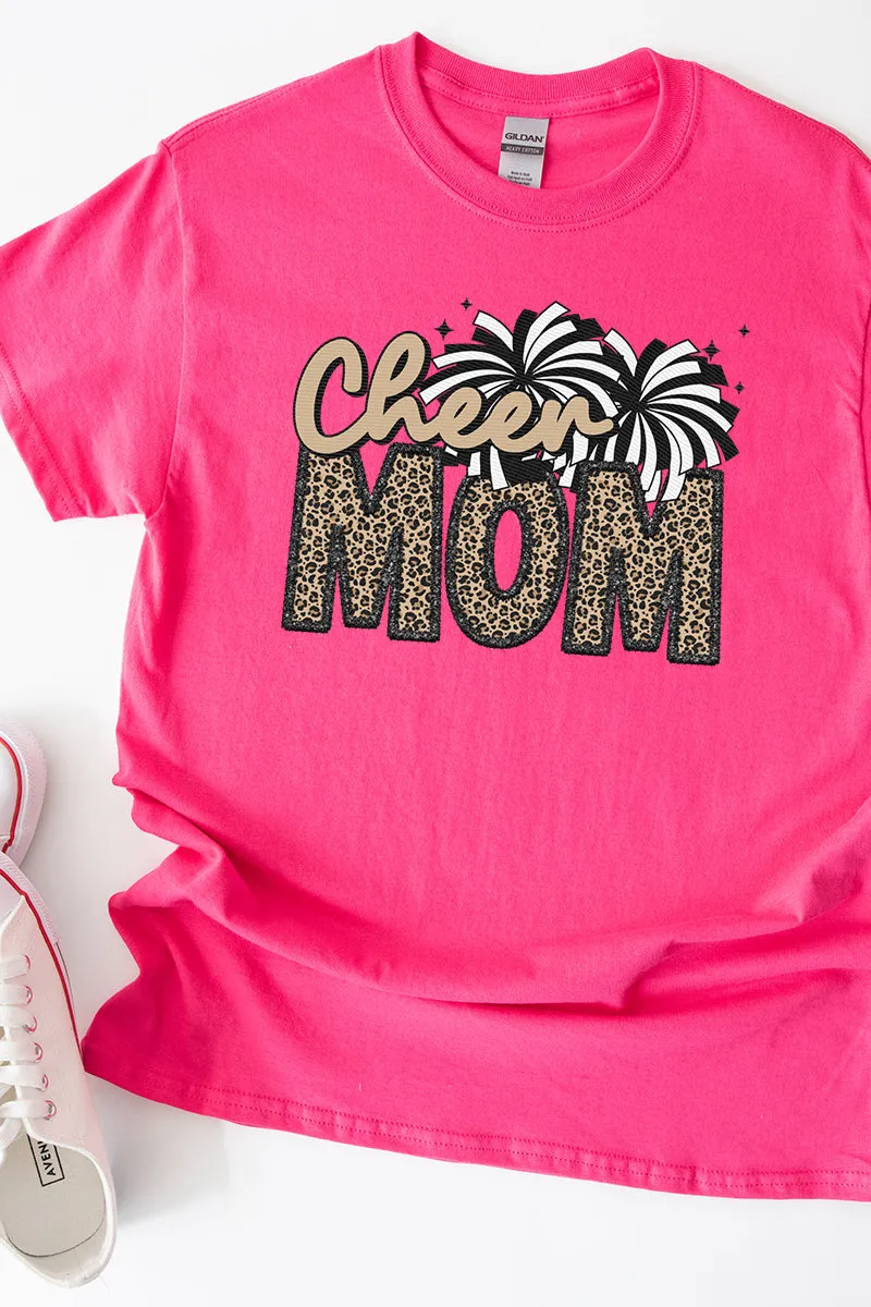 Faux Embroidery Cheer Mom Transfer Short Sleeve Relaxed Fit T-Shirt