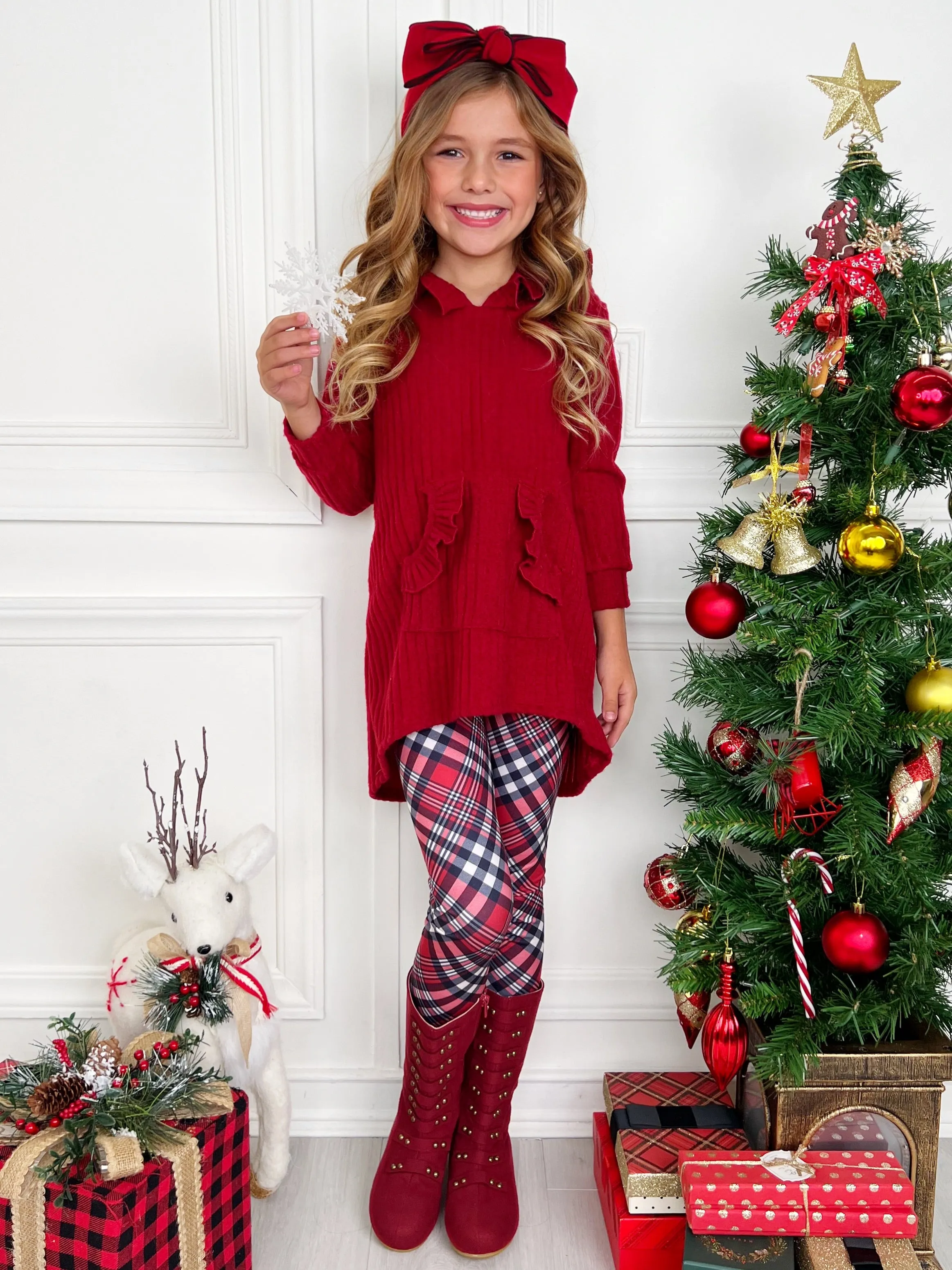 Festive Plaid Girls Hooded Tunic and Legging Set