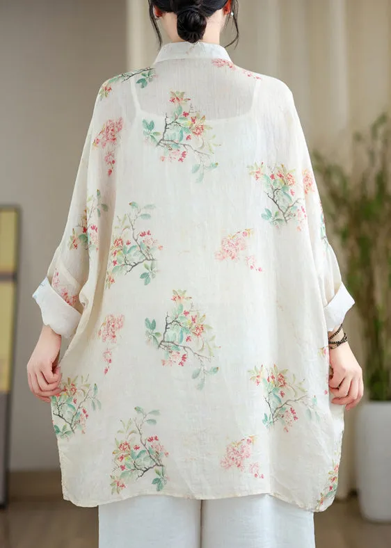Fine White Oversized Print Linen Oriental Cardigan Spring