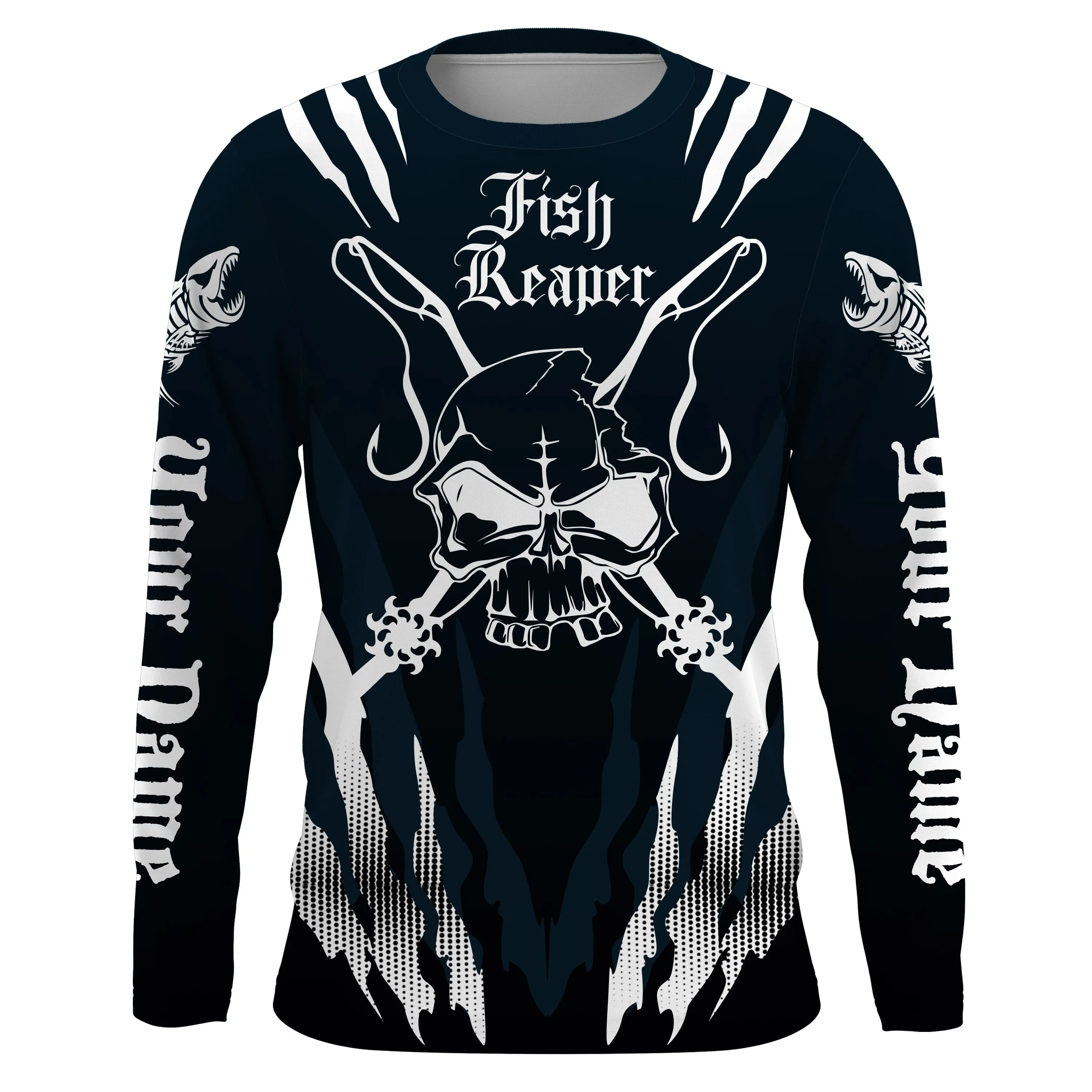 Fish reaper Custom Long Sleeve performance Fishing Shirts, Skull Fishing jerseys |black and white IPHW3017