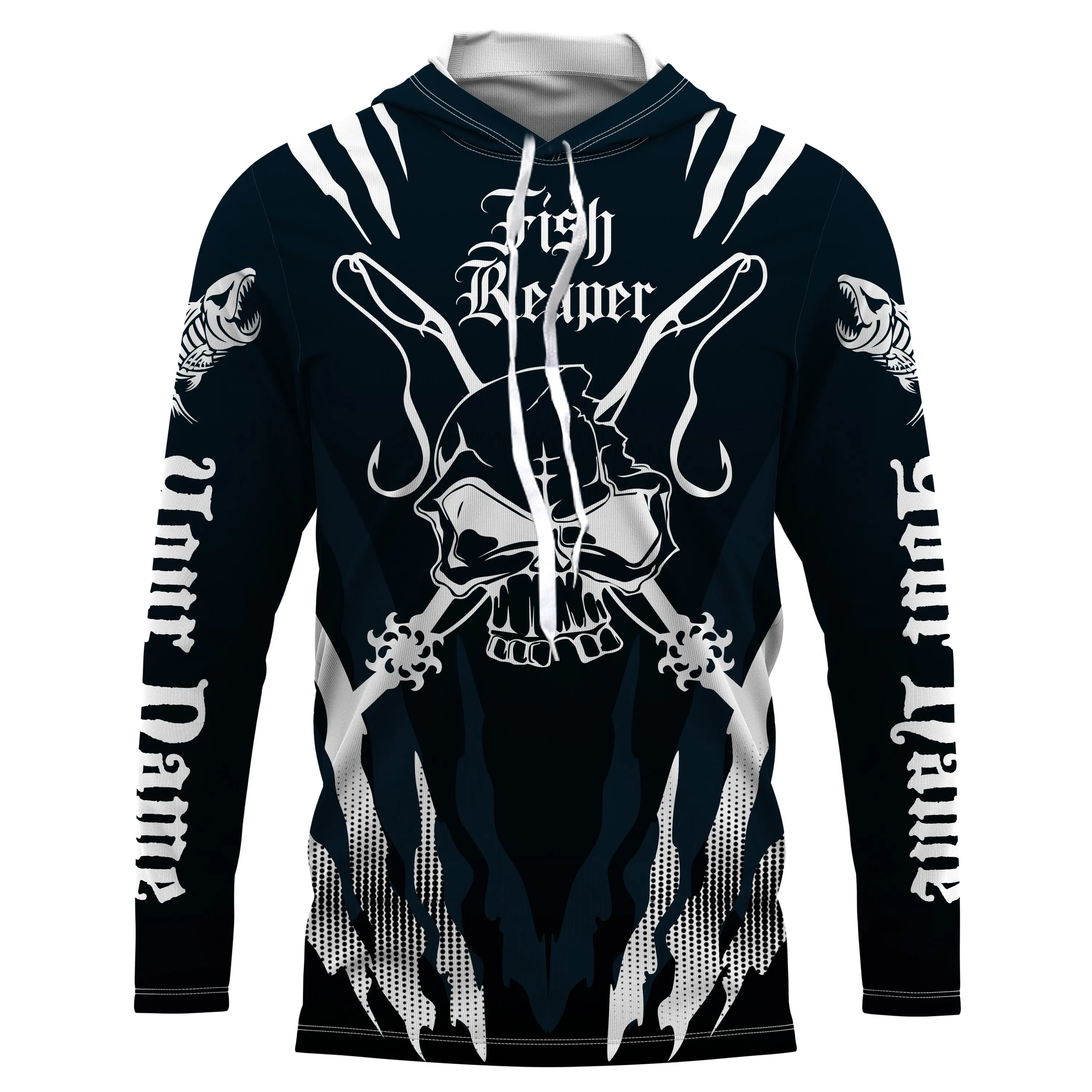 Fish reaper Custom Long Sleeve performance Fishing Shirts, Skull Fishing jerseys |black and white IPHW3017