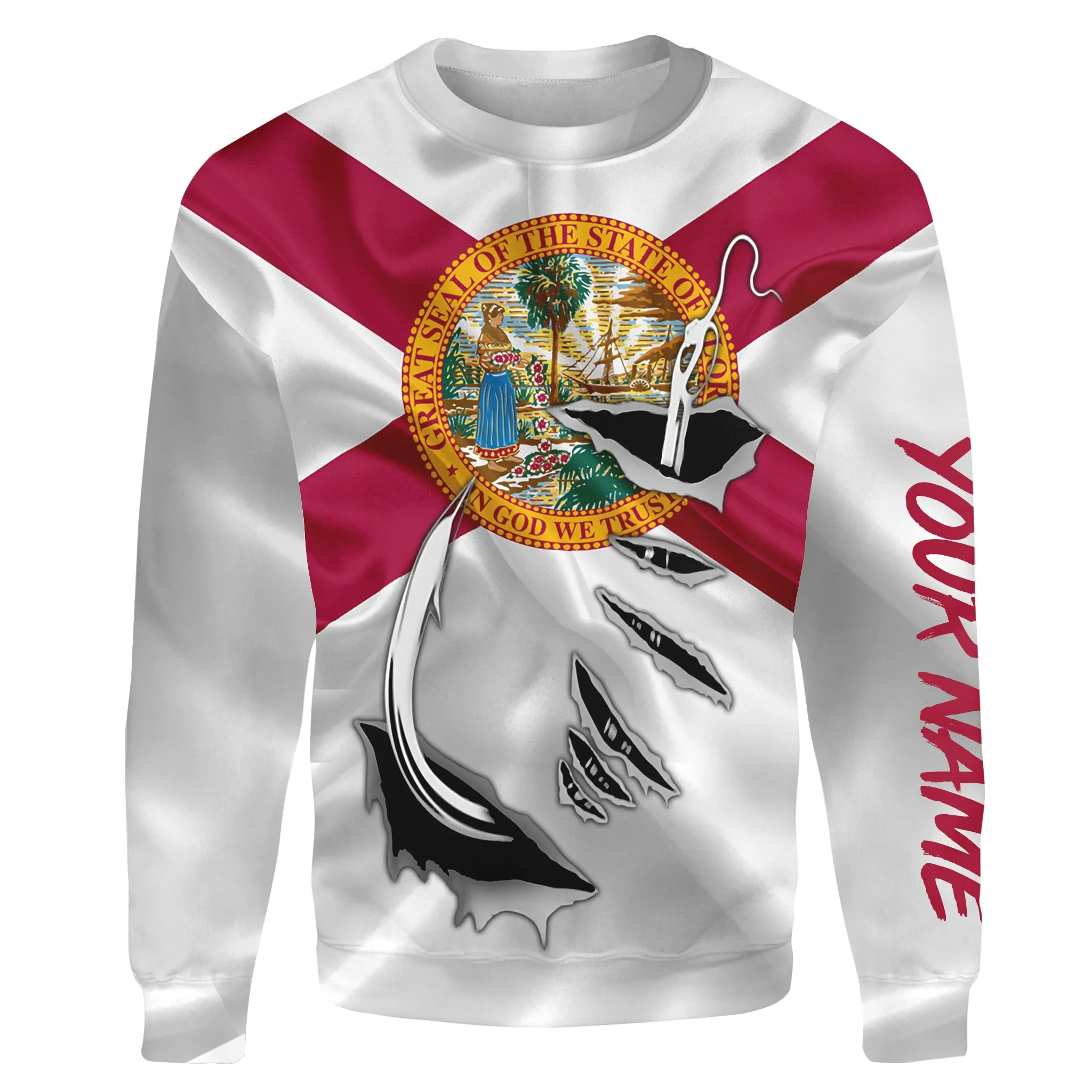 FL Fishing Fish Hook Florida Flag Custom All over print Sweatshirt personalized Patriotic fishing gifts - HPW313