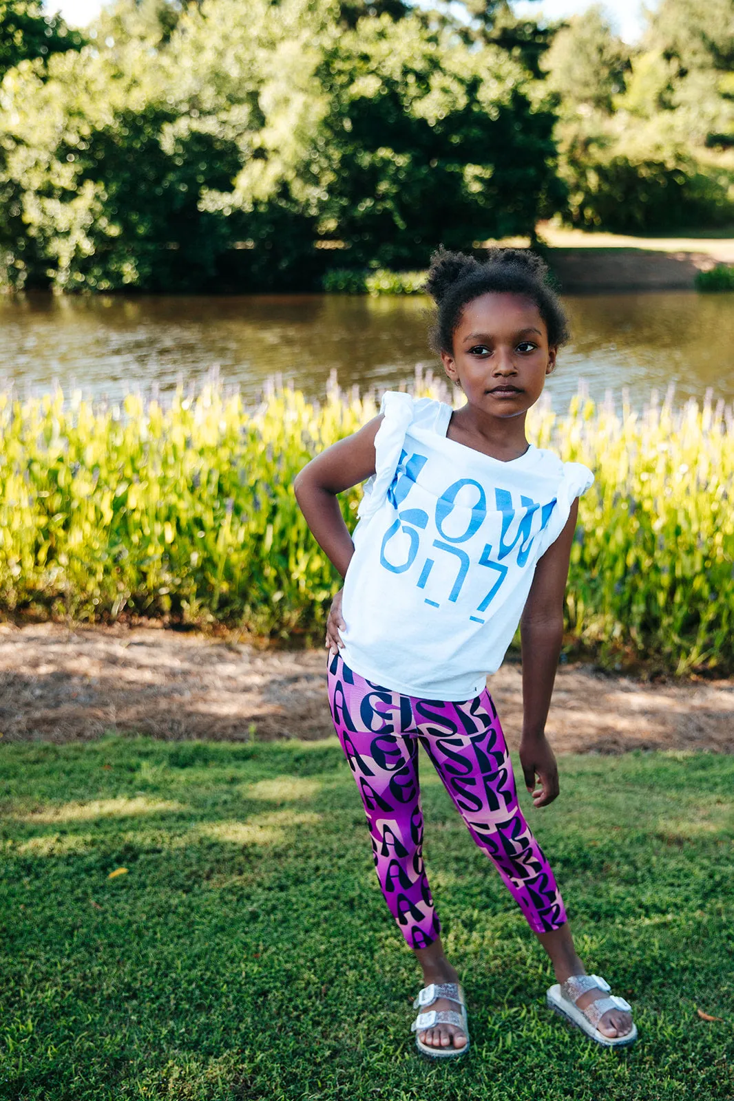 Flow & Squiggle Israel Pink & Coral on Purple Kids Leggings