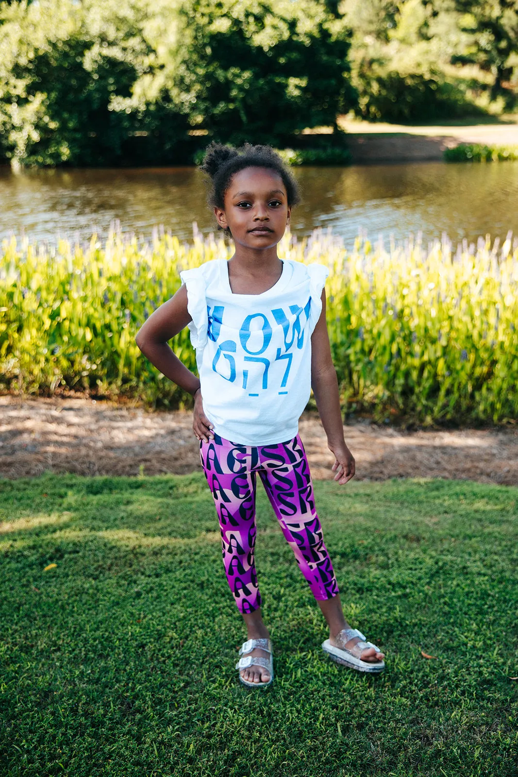 Flow & Squiggle Israel Pink & Coral on Purple Kids Leggings