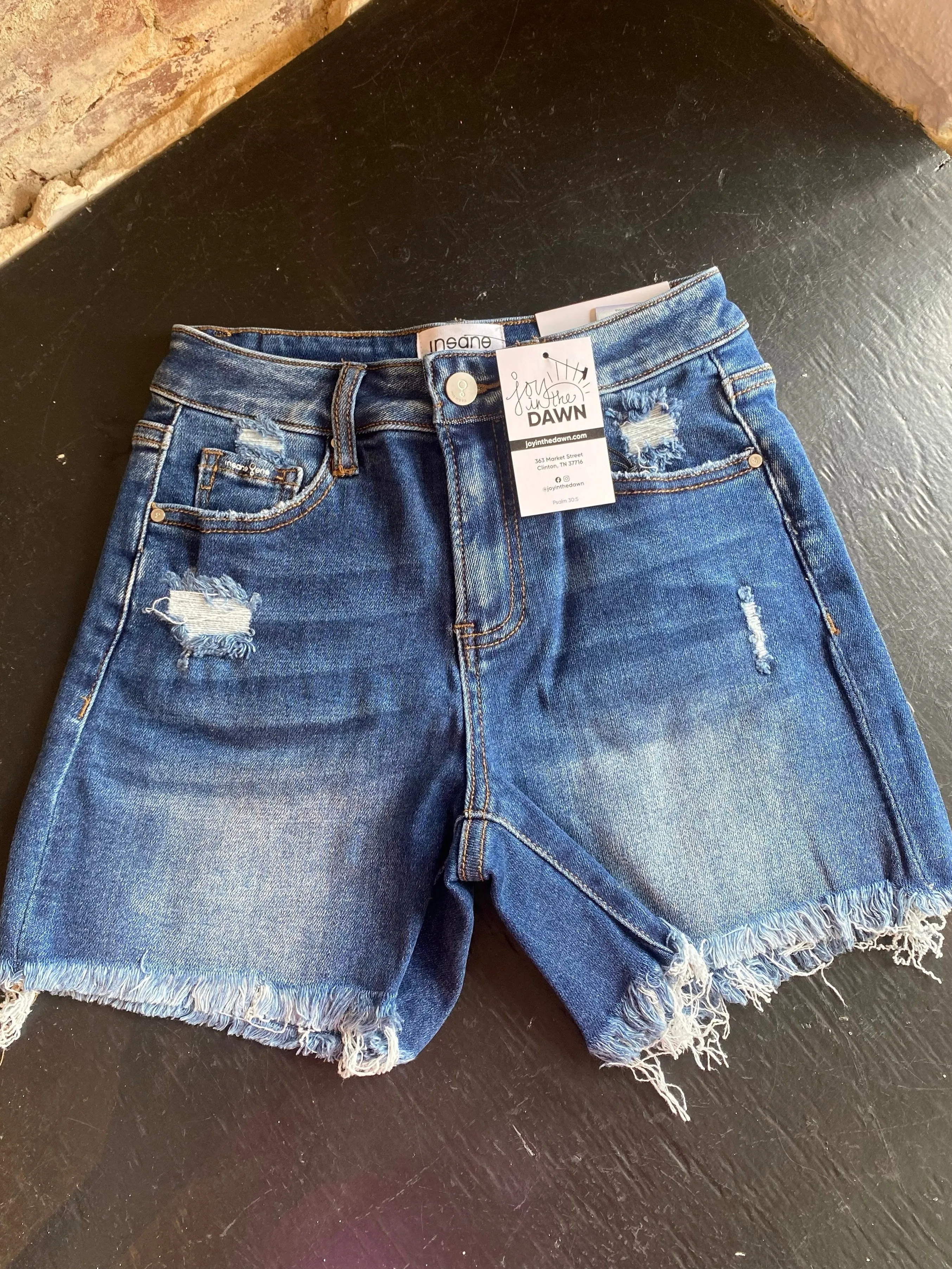 Frayed Hem Denim Shorts- Dark