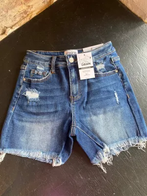 Frayed Hem Denim Shorts- Dark