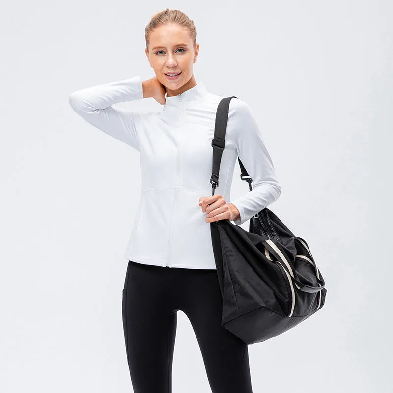 Front Zipper Sports Jacket With Stand Collar  Fitness Long Sleeves Windproof Fleece Tops Warm Up Gym Jacket