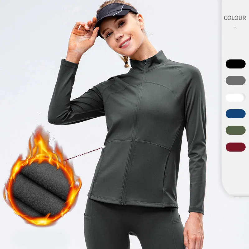 Front Zipper Sports Jacket With Stand Collar  Fitness Long Sleeves Windproof Fleece Tops Warm Up Gym Jacket