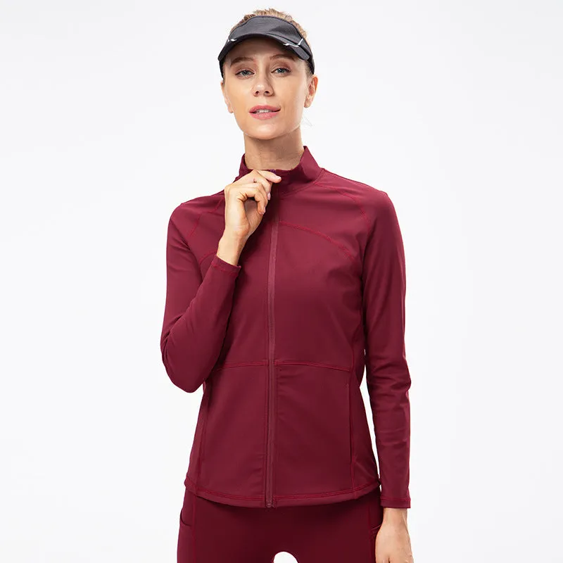 Front Zipper Sports Jacket With Stand Collar  Fitness Long Sleeves Windproof Fleece Tops Warm Up Gym Jacket