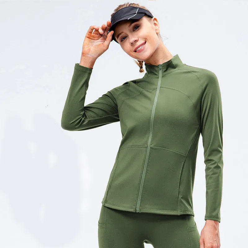 Front Zipper Sports Jacket With Stand Collar  Fitness Long Sleeves Windproof Fleece Tops Warm Up Gym Jacket