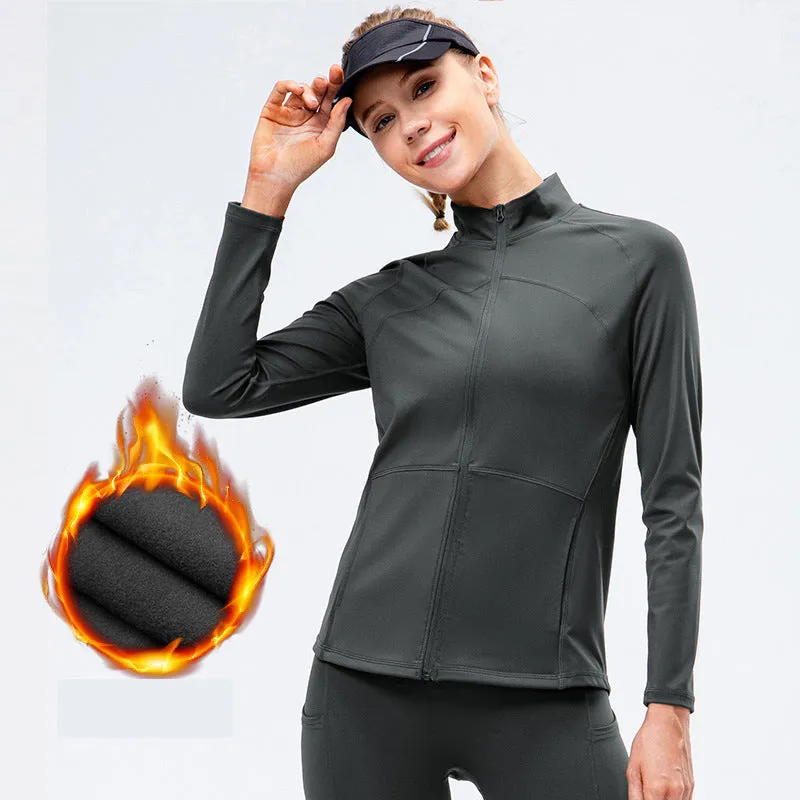 Front Zipper Sports Jacket With Stand Collar  Fitness Long Sleeves Windproof Fleece Tops Warm Up Gym Jacket